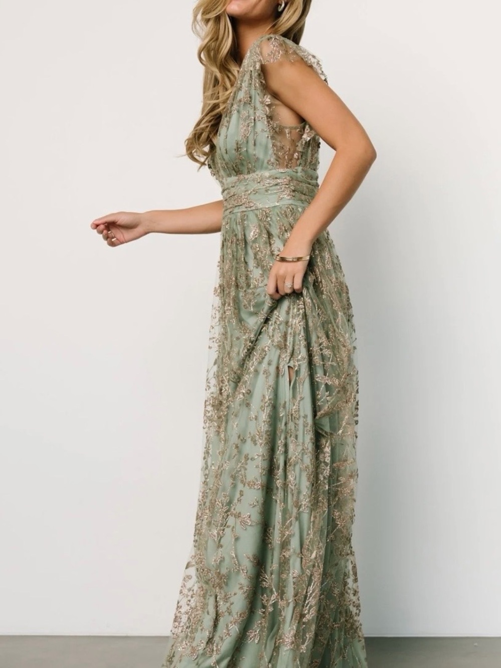Baltic Born Arlene Shimmer Gown | Sage Green & Gold | Size Large - Picture 4 of 4